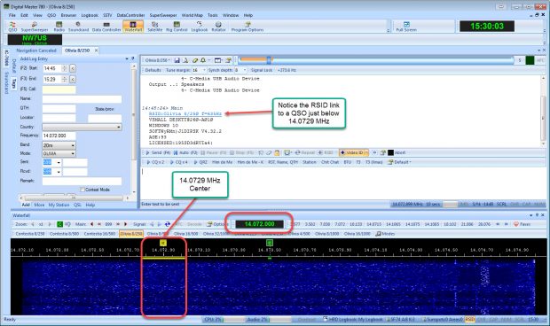 An example of the calling frequency on 20 meters with a center frequency of 14.0729 MHz, 8 tones, and a bandwidth of 250 Hz.
